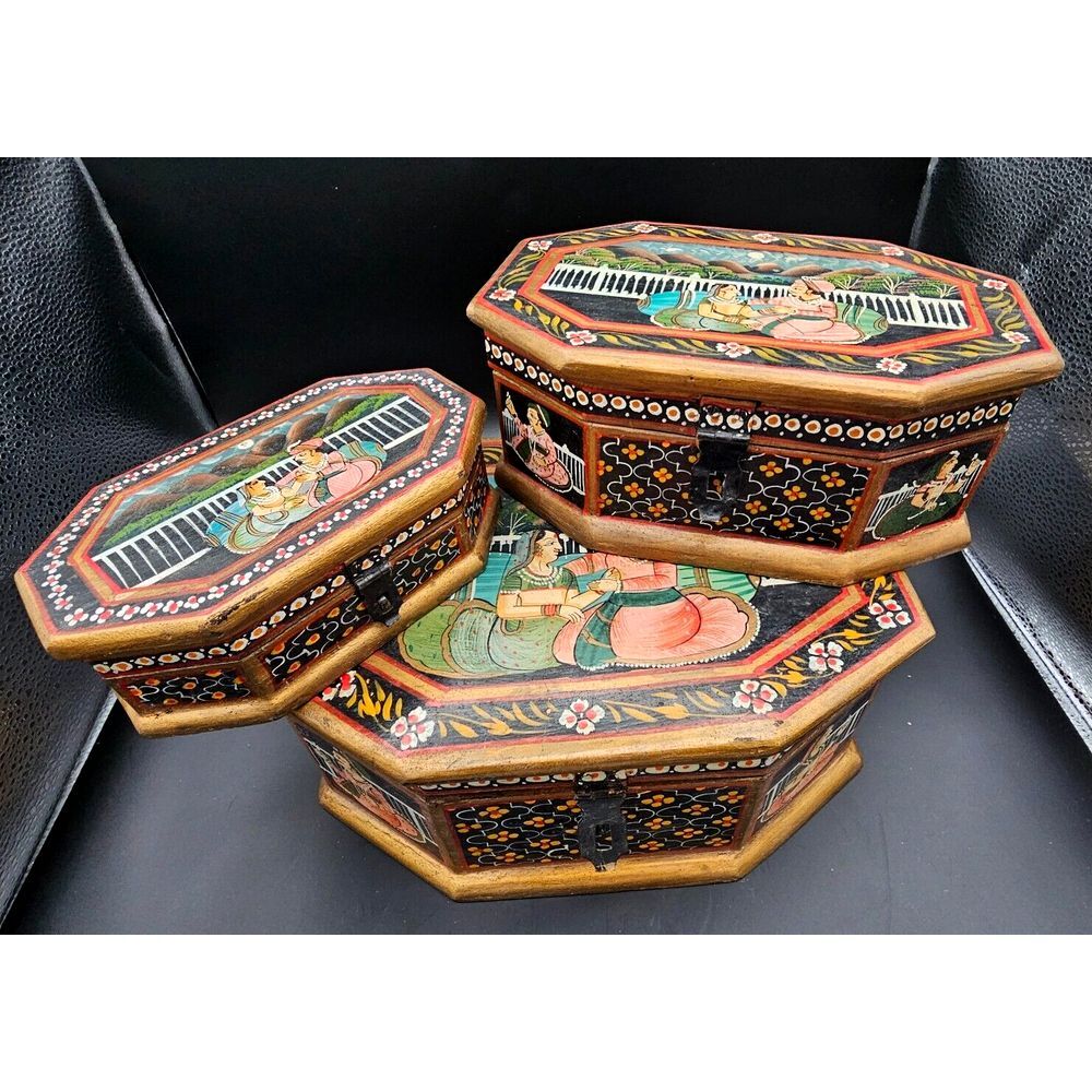 Vintage Indian Mughal Wooden Nesting Lock Box Set Octagon Hand‎ Painted